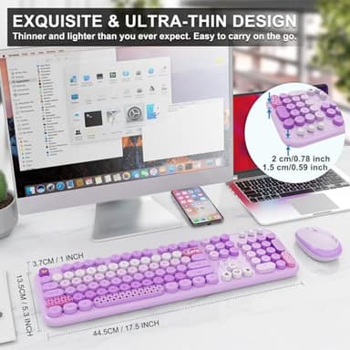 FOPETT Wireless Keyboard and Mouse Combo - 2.4G Full-Sized Cute Colorful Retro Keyboard with Round Keycaps 104 Keys Typewriter Keyboard for Laptop/Windows/PC-Purple Colorful - Image 7
