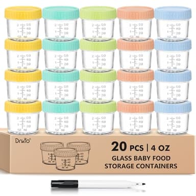 DRKIO 20 Pack Glass Baby Food Storage Containers 4 Oz Baby Food Jars with Lids Baby Food Maker Microwave Dishwasher Freezer Safe 100% Leak-Proof BPA Free - Image 1