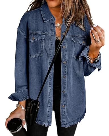 Vetinee Jean Jacket Women Oversized Boyfriend Bay Blue Front Button Up Frayed Raw Hem Long Sleeve Pockets Denim Jean Jacket Shacket X-Large Size 16 Size 18 - Image 1