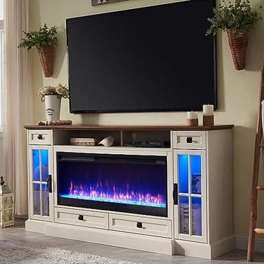 OKD Fireplace TV Stand for 80 Inch TV, Farmhouse Entertainment Center with 42" Fireplace & LED Lights, Modern Media Console Table with Storage Drawers & Cabinets for Living Room, Antique White - Image 1