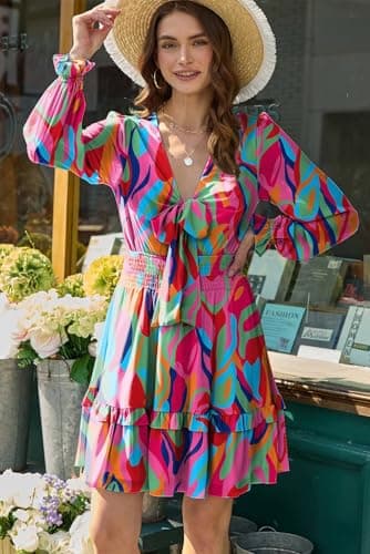 Dokotoo Fall Dresses for Women 2025 Sexy V Neck Ruffle Elegant Long Sleeve High Waist Chiffon Patterned Boho Swing A Line Mini Short Dress for Women Fall Wedding Guest Dresses Multicolor Small - Image 4