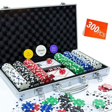 HEITOK Poker Set with Denominations, 300-pcs 11.5g Weighted Numbered Chips, 5 Dice, 2 Decks with Compact Aluminum Case for Texas Hold'em, Blackjack, Age 8 and Plus - Image 2