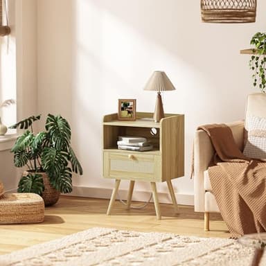SUPERJARE Nightstands Set of 2, Night Stands with Charging Station & PE Rattan Decor Drawer, Bed Side Tables with Solid Wood Feet, End Table, for Bedroom, Living Room - Natural - Image 8