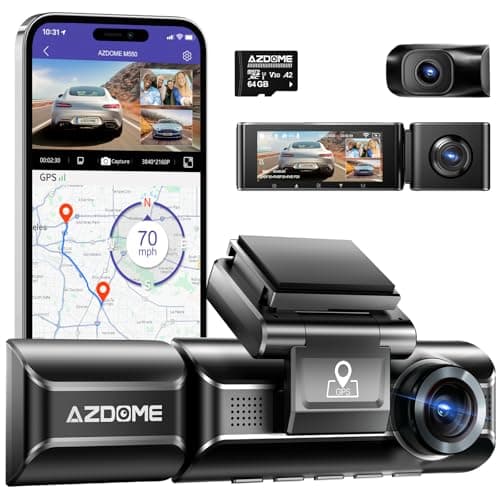 AZDOME M550 3 Channel Dash Cam, 4K+2.5K Dual Dash Camera for Cars Built-in WiFi GPS, 1440P+1080P+1440P Front and Rear Inside, 64GB Card Included, 3.19" IPS Screen, WDR, IR Night Vision, Parking Mode - Image 1