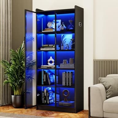 Display Cabinet with Doors and Adjustable Shelves, 65" Tall Bookcase with LED Lights/Human Sensor, 5 Tier Display Case for Collectibles Bedroom Living Room Office, Black - Image 1