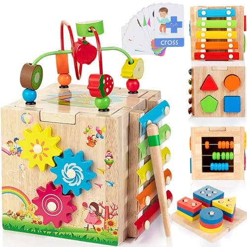 Bravmate Wooden Activity Cube, 8-in-1 Montessori Toys for 1-2 Year Old Boys & Girls, Multipurpose Educational Toy for 12M+ Baby Toddler, First Birthday Gift with Word Cards | Sorting & Stacking Board - Image 1