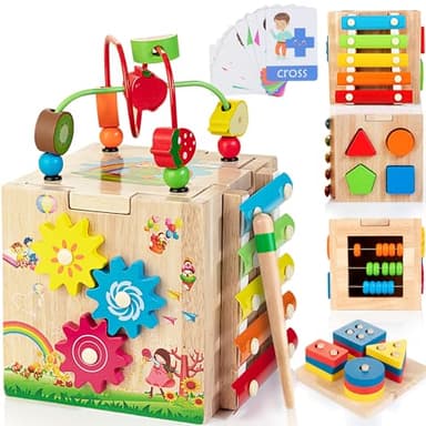 Bravmate Wooden Activity Cube, 8-in-1 Montessori Toys for 1-2 Year Old Boys & Girls, Multipurpose Educational Toy for 12M+ Baby Toddler, First Birthday Gift with Word Cards | Sorting & Stacking Board - Image 1