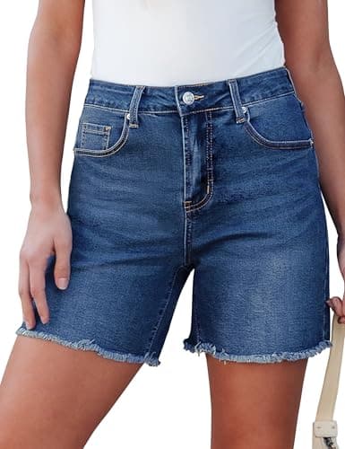 luvamia FleXclusive Jean Shorts for Women Trendy High Waisted Stretchy Denim Summer Casual Raw Hem Mom Long Cutoff Jorts Womens Shorts Classic Blue Size Medium Fits US 8-10 - Image 1