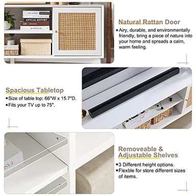 OKD TV Stand for 75+ Inch TV, Mid Century Modern Entertainment Center with Natural Rattan Door, Storage Shelves, Long Boho Media TV Console, Long Television Stand for Living Room, White - Image 4