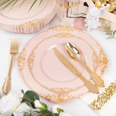 Nervure 350PCS Pink Plastic Plates - Pink Dinnerware Sets for 50 Guests - 100 Disposable Plates, 150 Gold Plastic Silverware, 50 Cups, 50 Napkins for Wedding & Party - Image 9