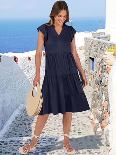 ANRABESS Womens Summer Ruffle Sleeve V Neck Floral Print Midi Dress 2025 Fashion Casual Fit Flowy Tiered Boho Beach Vacation Sundress Deep Navy Blue-S - Image 4