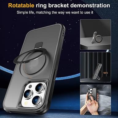 CHAOFEnG Magnetic Compatible with iPhone 13 Pro Case with Stand [Military Grade Drop Tested][Compatible with Magnet] Ring Translucent Slim Hard Back Soft Edge, Black - Image 5