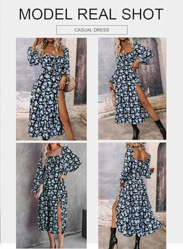 BLENCOT Casual Womens Square Neck Long Sleeve Split Thigh Dress Boho Floral Print Flowy Tie Front Midi Dresses Black Blue L - Image 4