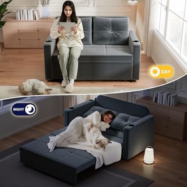 3 in 1 Pull Out Couch, 56 Inch Velvet Sofa Bed, Convertible Loveseat Sleeper Sofa for Living Room, Small Space, Upholstered Couch Bed with USB, Cup Holder(Grey - Image 4