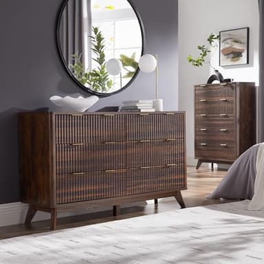 T4TREAM Fluted 6 Drawers Dresser, 54" Wide Modern Chest of Drawers, Curved Profile Design, Dresser TV Stand, Wood Drawer Organizer for Bedroom, Living Room, Hallway, Dark Walnut - Image 3