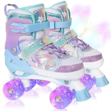 Kids Roller Skates for Girls Boys - Purple for Teenagers Youth Age 10 11 12 - Adjustable All Light up Wheels Butterfly and Flower Indoor Outdoor Sports Birthday Gift for Son and Grandson - Image 1