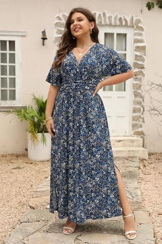 Keluummi Plus Size Wedding Guest Maxi Dresses for Curvy Women, Summer Formal Floral V Neck 3/4 Sleeve A Line Long Party Dress(20 Plus, 10 - Black Floral) - Image 3