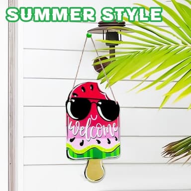 AOCEAN 1 Pcs Summer Watermelon Welcome Sign for Front Door 12 Inch Watermelon Popsicle Door Sign Pink Summer Door Hanger Wood Wreath Porch Decor Seasonal Farmhouse Indoor Wall Hanging Decoration - Image 6
