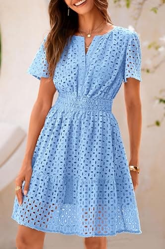 PRETTYGARDEN Womens 2025 Summer Short Dress V Neck Short Sleeve A Line Hollow Out Lace Ruffle Cute Casual Beach Party Dresses (Light Blue,Large) - Image 6