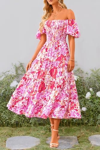 PRETTYGARDEN Women's Casual Summer Midi Dress Puffy Short Sleeve Square Neck Smocked Tiered Ruffle Dresses (Floral Rose Red,Medium) - Image 6