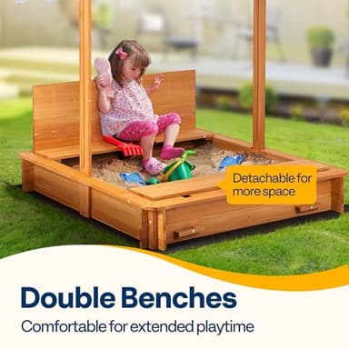 VIVOHOME 47" Solid Fir Wooden Sandbox with Adjustable Sun Canopy & Foldable Benches, Outdoor Play for Kids, Weather-Resistant Design, Drainage Liner & UV Protection for Backyard/Beach - Image 4