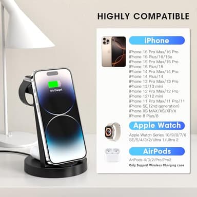 3 in 1 Charging Station for iPhone, Wireless Charger for iPhone 17 16e 16 15 14 13 12 11 X Pro Max & Apple Watch - Wireless Charging Station for AirPods 4 3 Pro - Image 5
