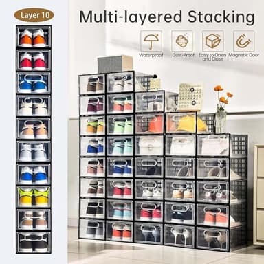 Clemate 15 Pack Shoe Storage Boxes, Clear Plastic Stackable Shoe Organizer for Closet, Shoe Box with Magnetic Door, Foldable Shoe Storage Bin, Sneaker Storage Box Shoe Rack Container Holder, Size 11 - Image 3