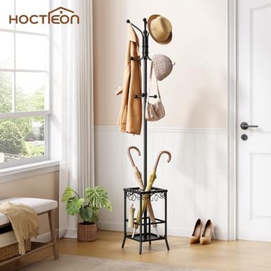 Hoctieon Coat Rack Freestanding, Coat Tree with Umbrella Holder, Metal Coat Rack Stand with 12 Hooks, Standing Coat Hanger Stand, Umbrella Stand for Entryway, Hat Rack Stand for Home Office, Black - Image 2