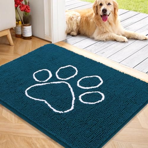 OLANLY Door Mat for Muddy Dog Paws 40x32, Absorbent Chenille Mud Doormat with Paw Print Design, Non-Slip Washable Doormat for Indoor Entryway, Quick-Dry Pet Bed Mats for Dirty Dogs, Atlantic Blue - Image 1