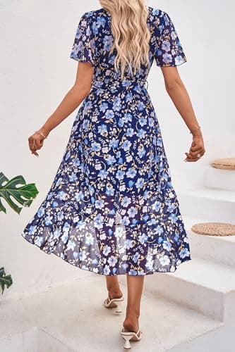 PRETTYGARDEN Women's Summer Floral Boho Dress Wrap V Neck Short Sleeve Ruffle A-Line Flowy Maxi Wedding Guest Dresses (Navy White Floral,Large) - Image 2