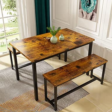 AWQM Dining Room Table Set, Kitchen Table Set with 2 Benches, Ideal for Home, Kitchen and Dining Room, Breakfast Table of 47.2x28.7x28.7 inches, Benches of 41.3x11.8x17.7 inches, Industrial Brown - Image 1