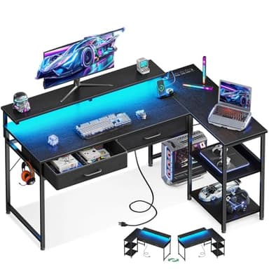 Coleshome 48 Inch L Shaped Gaming Desk with 2 Drawers & Storage Shelves, Computer Desk with USB Ports, Study Writing Table for Bedroom, Simple Modern Laptop Desk for Home Office, Black - Image 1