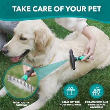 DOGI Deshedding Brush Comb - Undercoat Rake for Dogs, Cats, Short, Long Hair Coats - Double Row Stainless Steel Pins - Reduce Shedding by 90% (Green) - Image 7