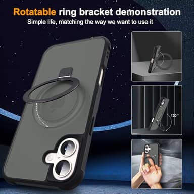 SKYLMW Compatible with iPhone 16 Case with Invisible Magnetic O-Ring Stand Military-Grade Translucent Case for iPhone 16 6.1" [Compatible with Mag-Safe][Great Grip Feeling], Black - Image 2