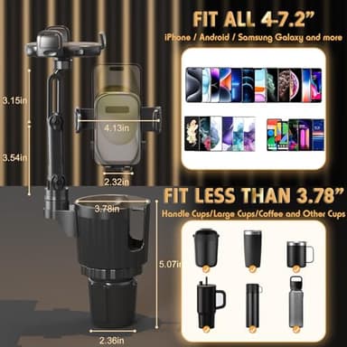 Phone Holders for Your Car, 2 in 1 Universal Cup Holder Expander Adjustable Base with Phone Mount, Long Arm with 360°Rotation Cup Holder Phones Mount for Car Compatible with All Smartphones - Image 4