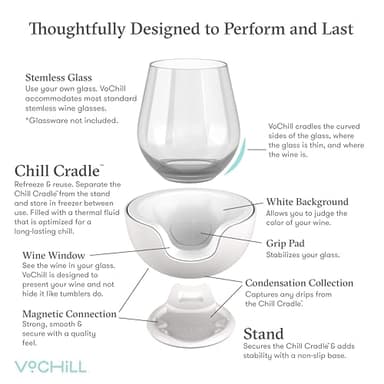 VoChill Stemless Wine Glass Chiller | Keep the Chill In Your Glass | Made in the USA | Separable & Refreezable Chill Cradle | Actively Chills Stemless Glassware | Quartz, Single Stemless - Image 4