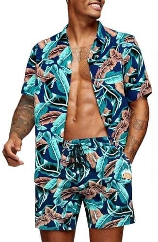 COOFANDY Men's Flower Shirt Hawaiian Sets Casual Button Down Short Sleeve Shirt Summer Beach 2 Piece Short Set - Image 1