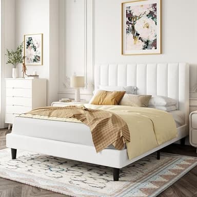 Allewie Queen Bed Frame/Velvet Upholstered Bed Frame with Vertical Channel Tufted Headboard/Strong Wooden Slats/Platform Bed Frame/Mattress Foundation/Box Spring Optional/Easy Assembly/White - Image 3
