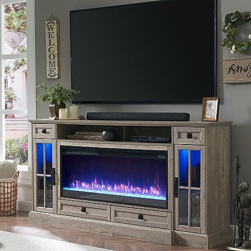 OKD Fireplace TV Stand for 80 Inch TV, Farmhouse Entertainment Center with 42" Fireplace & LED Lights, Modern Media Console Table with Storage Drawers & Cabinets for Living Room, Light Rustic Oak - Image 1