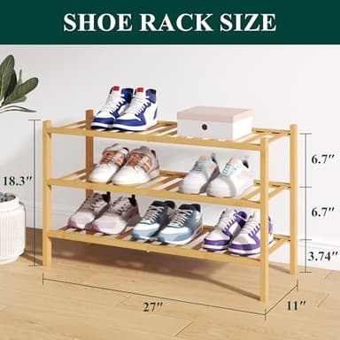 Smiry Bamboo Shoe Rack for Closet, 3 Tier Wooden Stackable Shoe Organizer, Free Standing Shoes Storage Shelf for Entryway, Front Door Entrance, Natural - Image 2