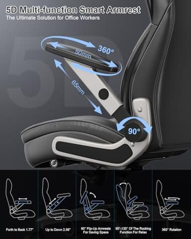 Big and Tall Office Chair, 600lbs Heavy Duty Desk Chair with 5D Arms and Adjustable Lumbar Support, PU Leather High Back Ergonomic Executive Home Office Computer Chair with 3'' Silent Casters - Image 3