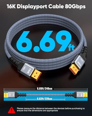 Highwings 80Gbps Displayport Cable 2.1 6.6FT, 16K@60Hz, 8K@120Hz, 4K@240Hz, DP 2.1 Cable 16K Braided Cord, Compatible with HDR10 DSC 1.2a, G-Sync FreeSync Gaming PC, Gaming Monitor 5090, AMD 7900XTX - Image 4