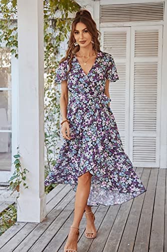 PRETTYGARDEN Women's 2024 Floral Boho Dress Wrap V Neck Short Sleeve Belted Ruffle Hem A-Line Flowy Maxi Dresses (Purple Floral,X-Large) - Image 2