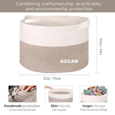 GOCAN Extra Large Laundry Basket toy storage 22"X22"X14" blanket basket Cotton Rope Woven Baskets with Handles for Living Room (Brown/Beige) XXXL - Image 3