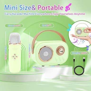 Aresrora Mini Karaoke Machine for Kids,Portable Bluetooth Speaker with 2 Wireless Microphone,Toys for Girls Boys Gifts,Retro Speaker Set Stereo Sound Enhanced Bass for Home Party Birthday (Green) - Image 6
