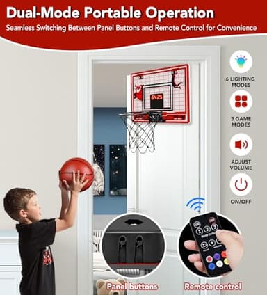 Basketball Hoop Indoor for Kids-Over The Door Mini Basketball Hoop with LED Light, Scoreboard, Remote Control and 3 Modes & Balls-Boys Girls Toys for Ages 3 4 5 6 7 8 9 10 + Years Old Birthday Gifts - Image 4