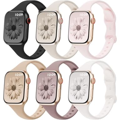6 Pack Thin Bands Compatible with Apple Watch Band 38mm 40mm 41mm 42mm 44mm 45mm 46mm 49mm Women Men, Sport Silicone Strap Slim Wristband for iWatch Series 11 10 9 8 SE 7 6 5 4 3 2 1 Ultra - Image 1