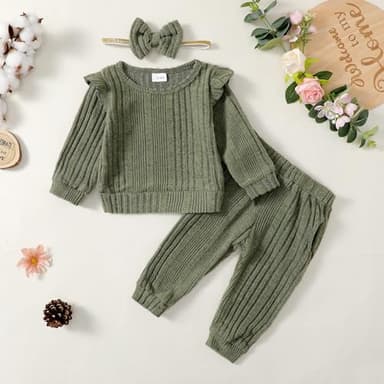 Mioglrie Baby Girl Clothes 12-18 Month Fall Winter Outfits Infant Sweatsuit Newborn Sweatshirt Fleece Ruffle Green Sweat Pant Set for 1 Year Old Girls Clothing - Image 4