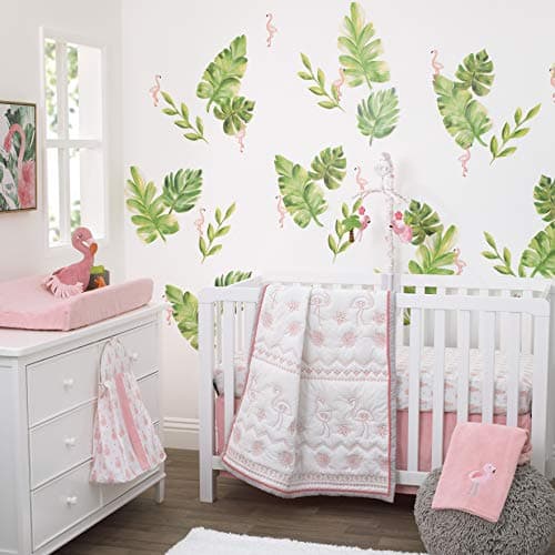 Nojo Tropical Flamingo Pink & White 100% Cotton 4Piece Nursery Crib Bedding Set, Embroidered Quilt, Fitted Sheet, Dust Ruffle, & Diaper Stacker, Pink, White, Grey - Image 1