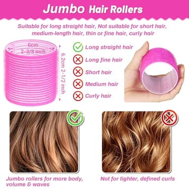 Jumbo Hair Curlers Rollers, 12Pcs 60mm Jumbo Hair Roller Curlers Self Grip Holding Rollers with 12Pcs Hair Clips for Long Straight Thick Hair (Rose Red) - Image 2